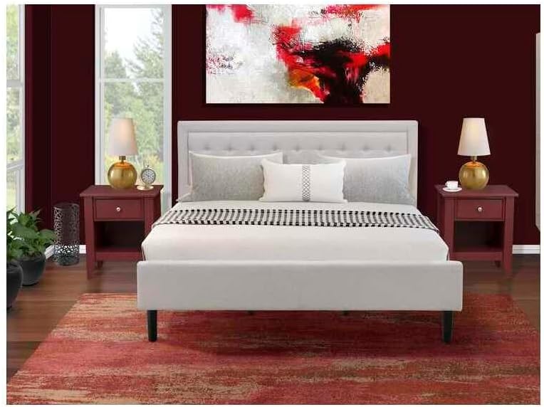 HomeStock Victorian Elegance 3 Piece King Bedroom Set with Mist Beige Linen Fabric Headboard and 2 Burgundy Nightstands Featuring Black Finished Legs