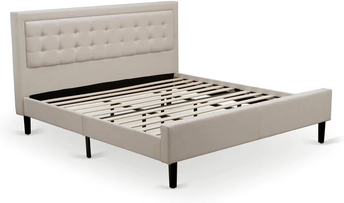 East West Furniture FN08K-2DE07 3-Piece Fannin King Size Bedroom Set with 1 King Size Bed Frame and 2 Mid Century Nightstands - Reliable and Sturdy Manufacturing - Mist Beige Linen Fabric