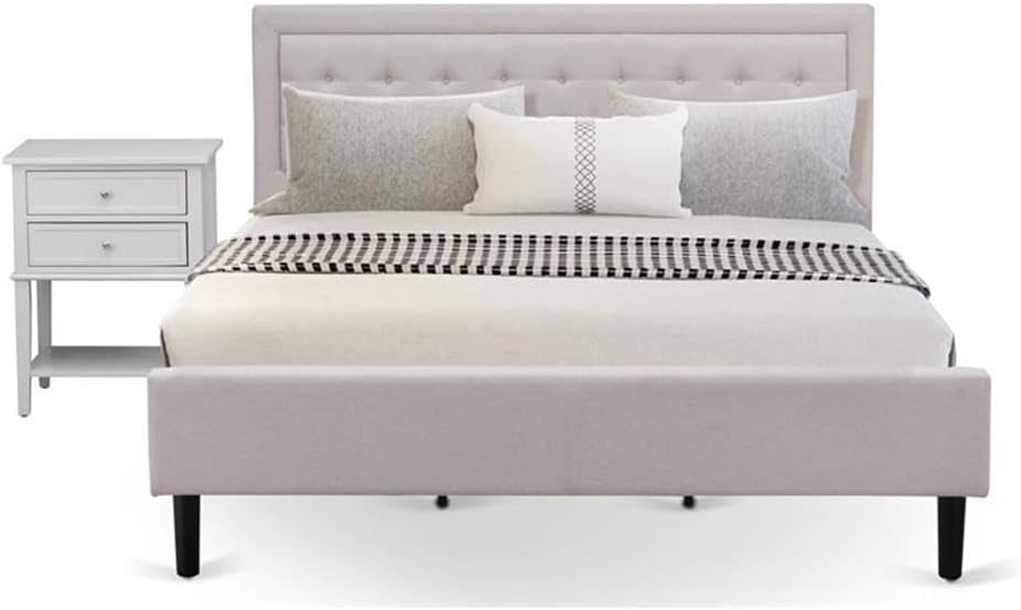 East West Furniture FN08K-1VL14 2-Piece Platform King Size Bedroom Set with 1 Wingback Bed and a Mid Century Nightstand - Reliable and Durable Construction - Mist Beige Linen Fabric