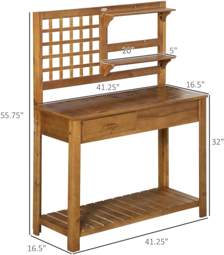 Potting Garden Work Bench, Outdoor Wooden Workstation with Tiers of Shelves and Drawer for Patio, Courtyards