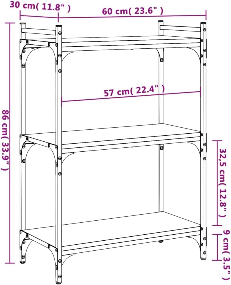 Industrial 3-Tier Bookcase, Black Engineered Wood & Metal Frame, 23.6' x 11.8' x 33.9' Storage Shelf for Living Room, Office, Bedroom Organization