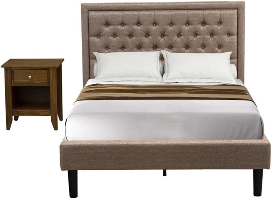 East West Furniture KD16F-1GA08 2 Piece Full Bed Set - 1 Modern Bed Frame Dark Khaki Linen Fabric Padded and Button Tufted Headboard with 1 Bedroom Nightstand - Antique Walnut Finish Nightstand