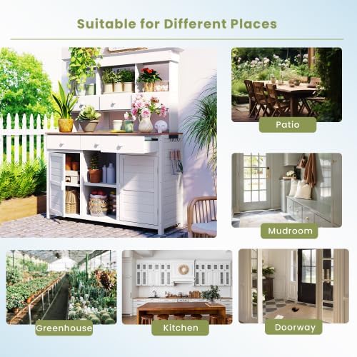 65.7'' H Tall Garden Potting Bench Table with Hutch,Patio Storage Workstation with 3 Shelves,6 Drawers,2 Bottom Cabinets&Side Hooks for Mudroom,Doorway (White, 65.7'')