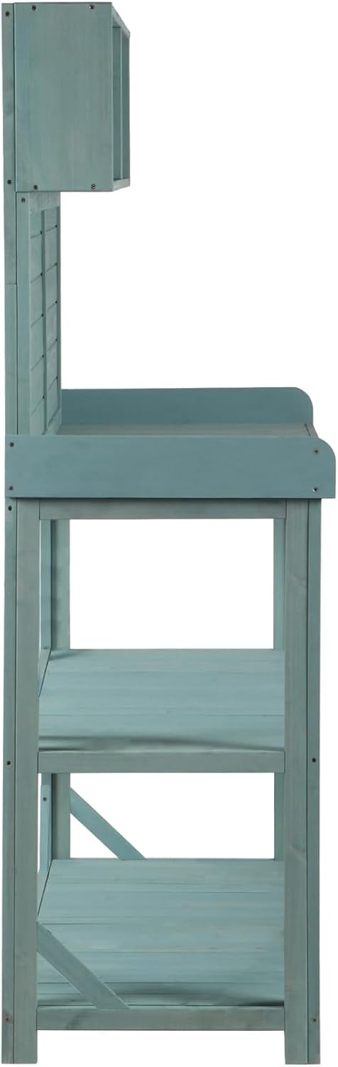 65' Large Wooden Farmhouse Rustic Outdoor Potting Bench Table, Patio Workstation, Garden Potting Bench with 4 Storage Shelves and Side Hook,Green