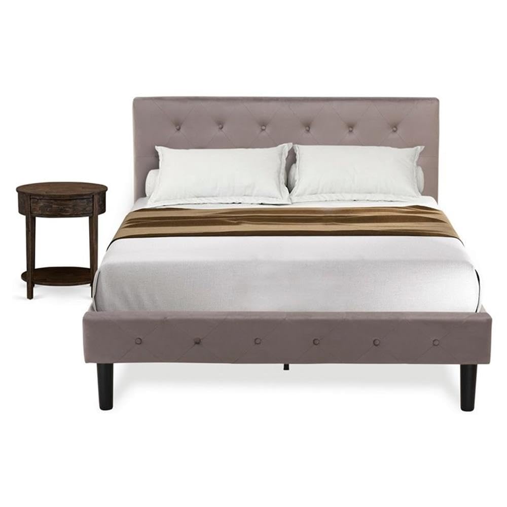 East West Furniture NL14F-1HI07 2 Piece Full Bedroom Set - Button Tufted Bed Frame - Brown Taupe Velvet Fabric Upholstered Headboard and a Distressed Jacobean Finish Nightstand