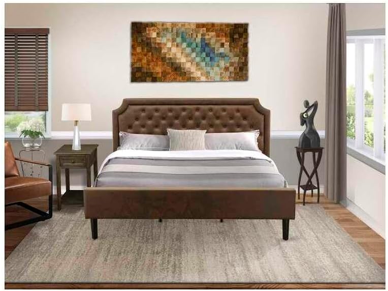 HomeStock Renaissance Refinement 2 Pc King Size Bedroom Set with Button Tufted King Frame and 1 Distressed Jacobean Small End Table Dark Brown Faux Leather with Black Texture and Black Legs