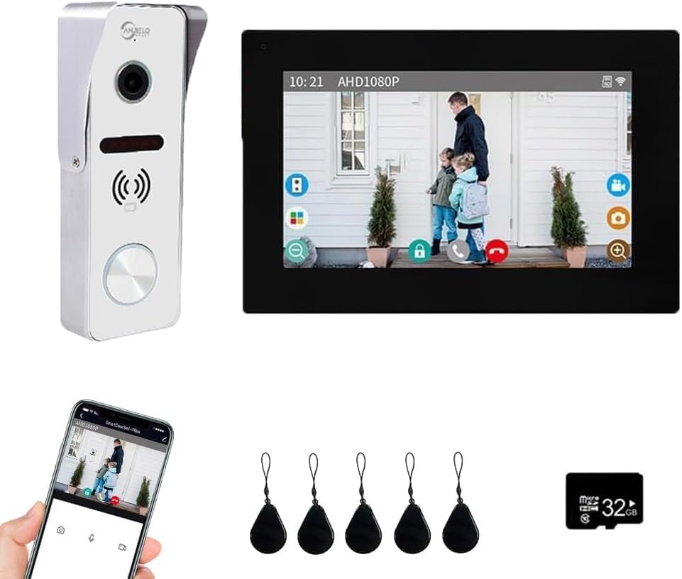 Wired Video Doorbell Apartment Intercom,7 inch Touch Screen Monitor 1080P Door Bell Camera TUYA Smart Home Door Phone Kits,3 in 1 Unlock RFID Card for Home Villa,32G (1 doorbell+1 Monitor)