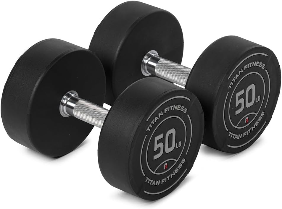 Titan Fitness Round Urethane Dumbbells, Medium Volcano Knurling, 33mm Grip, Easy-to-Read Weight Indicators, Free Weights for Strength Training