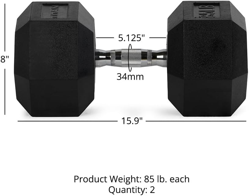 Titan Fitness Pair Rubber Coated Hex Dumbbells, Roll-Resistant Hexagonal Free Weights, Chrome-Coated Handles with Knurling, Strength Training Equipment