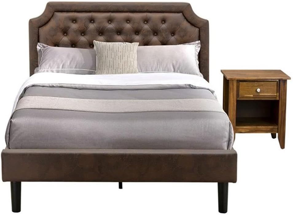 East West Furniture GB25F-1GA08 2-Piece Granbury Full Size Bed Set with Button Tufted Platform Bed and an Antique Walnut Night Stand - Dark Brown Faux Leather with Black Texture and Black Legs