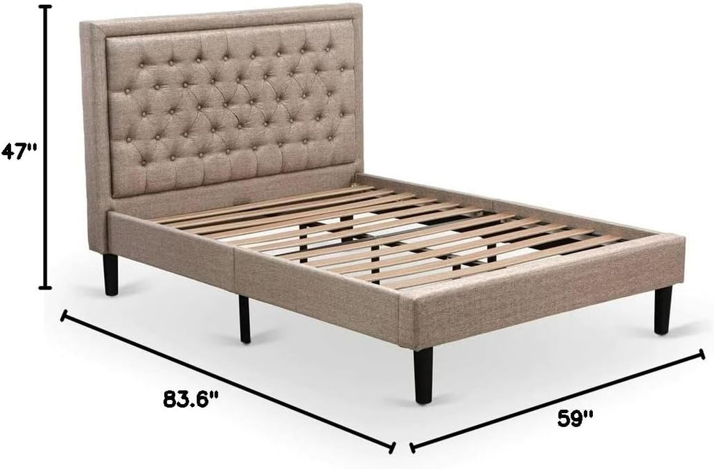 East West Furniture KDF-16-F Platform Full Size Bed - Dark Khaki Linen Fabric Upholstered Bed Headboard with Button Tufted Trim Design - Black Legs