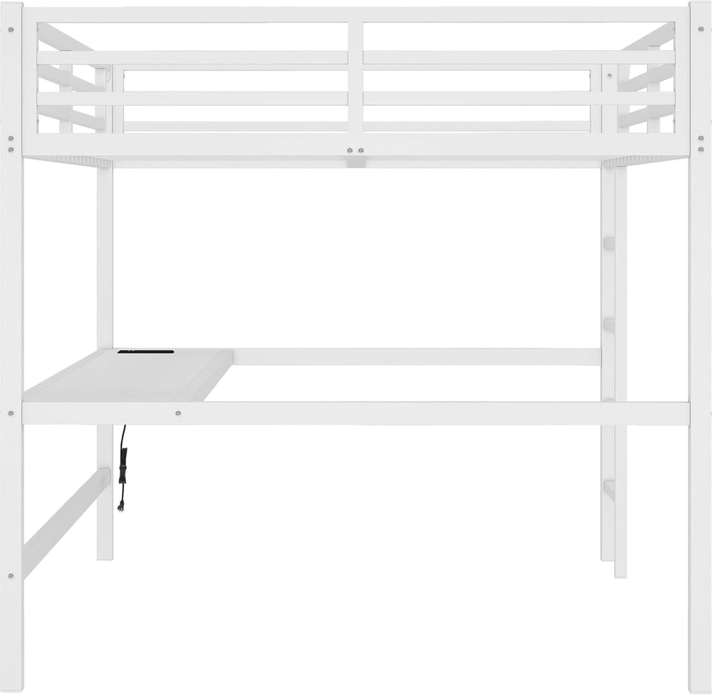 Bellemave Metal Queen Size Loft Bed with Desk and Charging Station,Heavy Duty Loft Bed Frame with LED Lights and USB for Kids,Teens,Adults,Queen Size,White