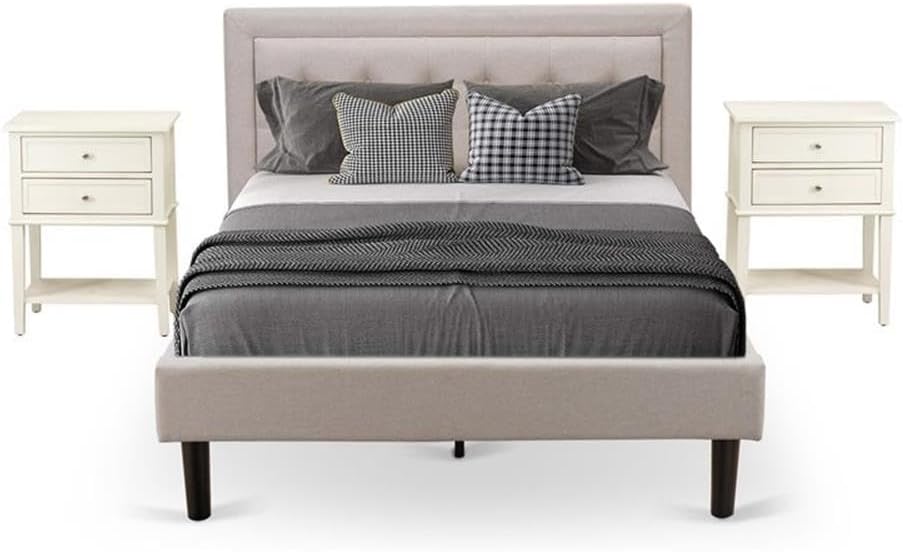 East West Furniture FN08K-2VL0C 3-Piece Platform Wooden Set for Bedroom with 1 King Size Bed and 2 Night Stands - Reliable and Durable Construction - Mist Beige Linen Fabric