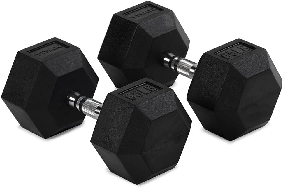 Titan Fitness Pair Rubber Coated Hex Dumbbells, Roll-Resistant Hexagonal Free Weights, Chrome-Coated Handles with Knurling, Strength Training Equipment