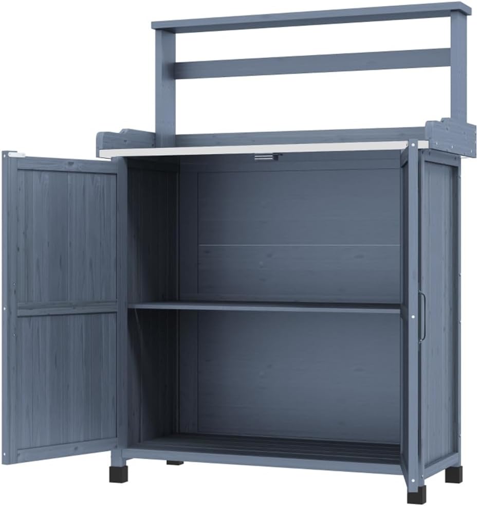 Potting Bench with Storage Cabinet, Gray Outdoor Wood Planting Table with Galvanized Top, Garden Workbench with Shelves for Patio Yard