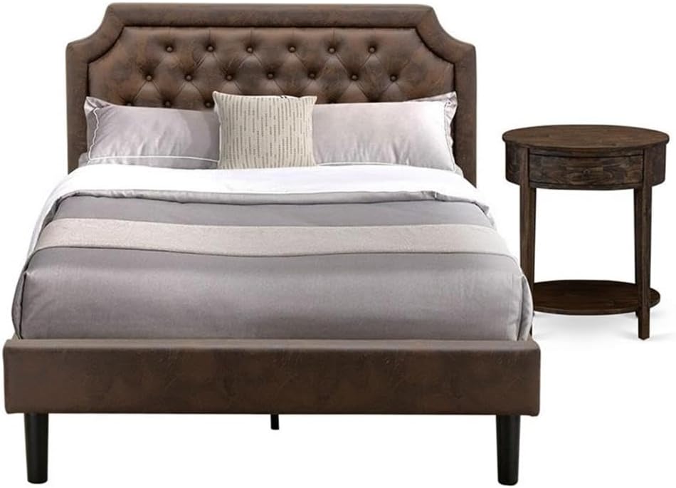 East West Furniture GB25F-1HI07 2-Piece Platform Full Size Bed Set with Button Tufted Upholstered Bed and a Distressed Jacobean Night Stand - Dark Brown faux Leather with Black Texture and Black Legs