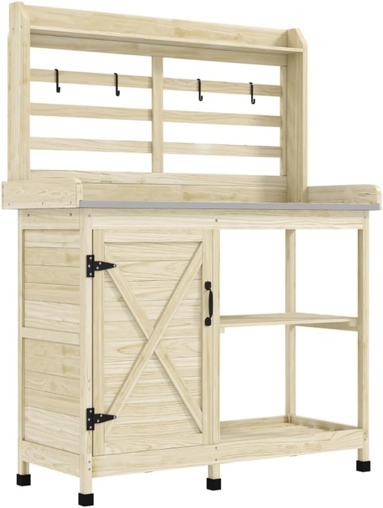 Country Style Outdoor Potting Bench with Storage - Natural Wood Garden Work Table for Planting, Sturdy Fir Wood Potting Station with Shelves & Cabinet, Easy Assembly, Holds 165lbs