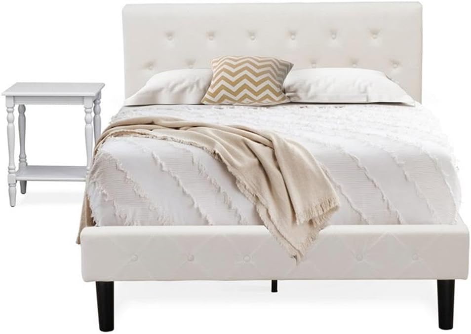 East West Furniture NL19F-1BF14 2 Piece Bedroom Set - Full Size Button Tufted Bed Frame - Linen white Velvet Fabric Upholstered Headboard and an Urban Gray Finish Nightstand