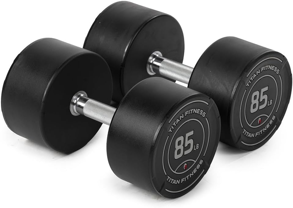 Titan Fitness Round Urethane Dumbbells, Medium Volcano Knurling, 33mm Grip, Easy-to-Read Weight Indicators, Free Weights for Strength Training