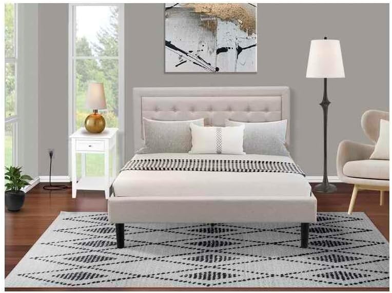 HomeStock Rustic Recluse 2 Piece Bedroom Set with Mist Beige Linen Fabric Headboard and Black Leg Finish Nightstand with USB Outlets White/Queen