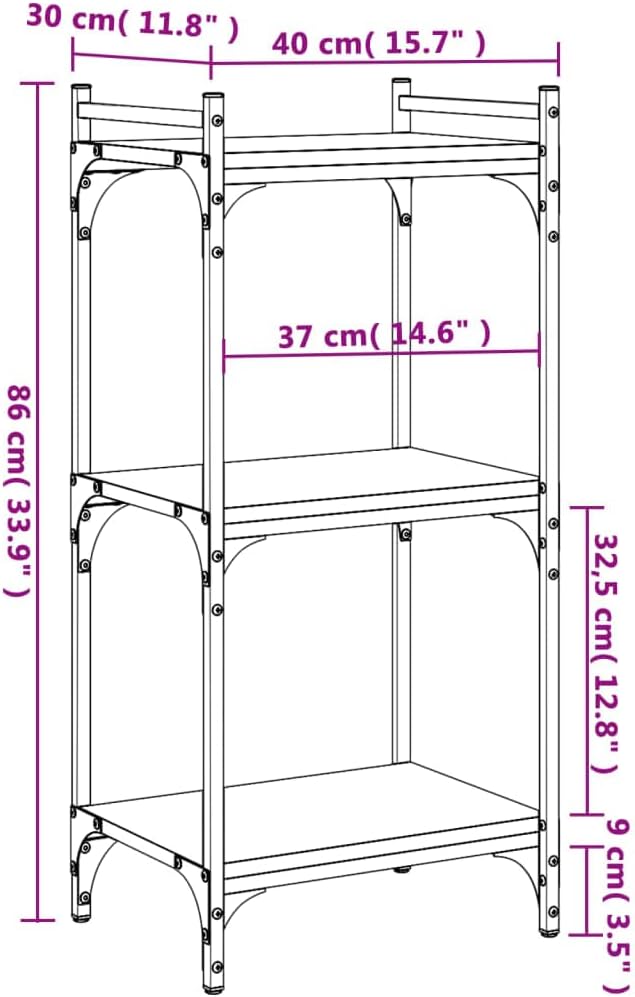 Black Engineered Wood Bookcase with Adjustable Shelves, Industrial Design, 33.9-Inch Tall, for Living Room, Home Office, and Bedroom Storage
