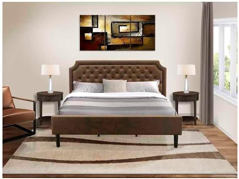 HomeStock Artistic Accomplishment 3 Piece Bedroom Set with Button Tufted King Size Bed and 2 Distressed Jacobean Small End Table Dark Brown Faux Leather with Black Texture and Black Legs