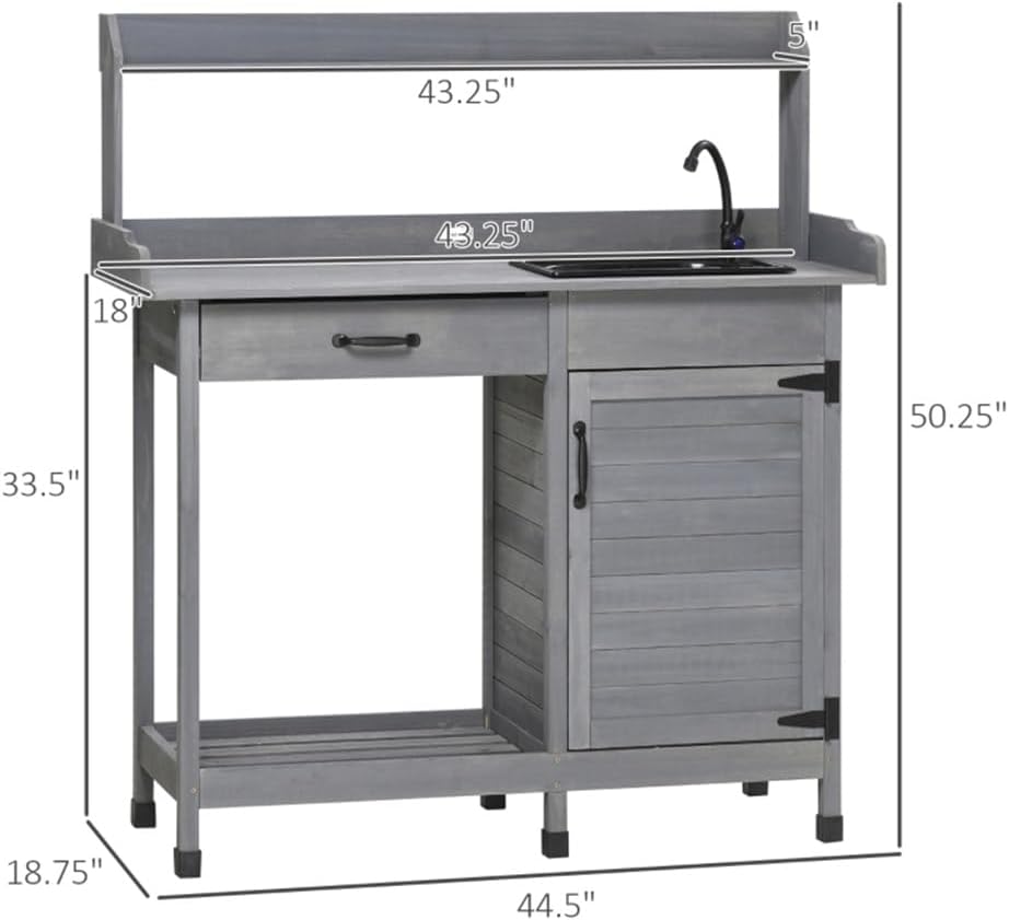 Potting Bench Table with Faucet, Sink, Hooks and Storage Cabinet, Outdoor Prep Gardening