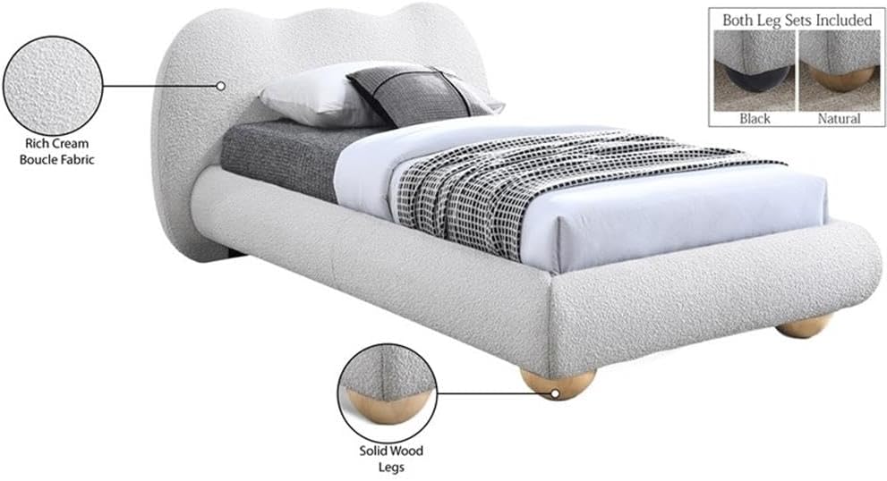 Meridian Furniture HydeCream-T Hyde Collection Modern | Contemporary Twin Bed with Rich Cream Boucle Fabric, Both Natural and Black Finish Solid Wood Legs, 54.5' W x 85.5' D x 35.75' H, Cream, Twin