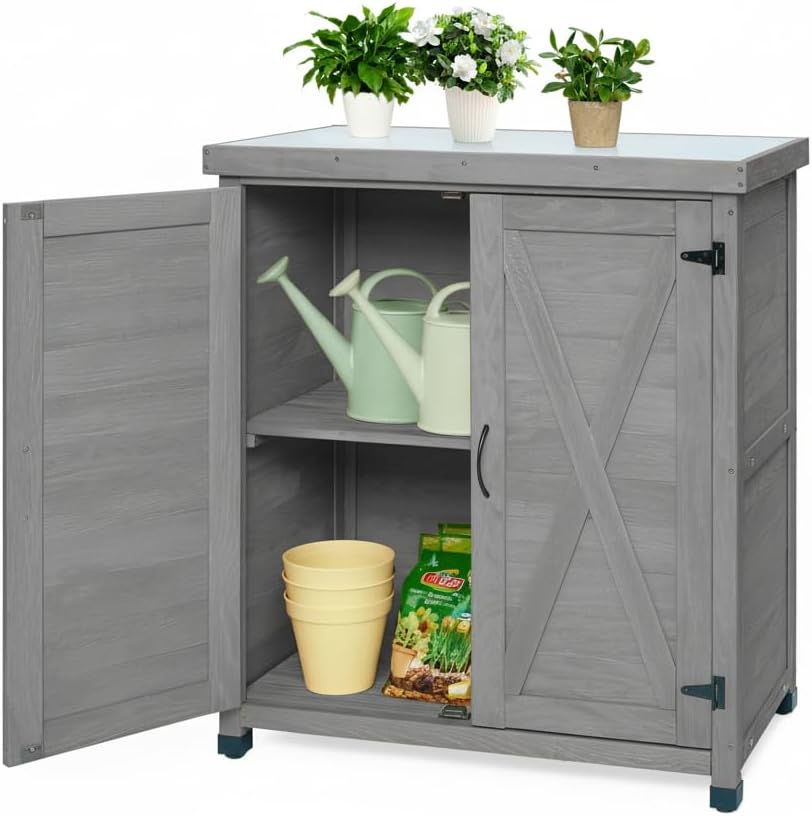 Outdoor Potting Bench–Metal Top Workstation for Patio,Garage,Garden,Gray | Galvanized Surface|Large Cabinet Organizes Tools,Pots,Soil|Wood Frame|Open Shelf|Hooks|Easy Assembly