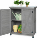 Outdoor Potting Bench–Metal Top Workstation for Patio,Garage,Garden,Gray | Galvanized Surface|Large Cabinet Organizes Tools,Pots,Soil|Wood Frame|Open Shelf|Hooks|Easy Assembly