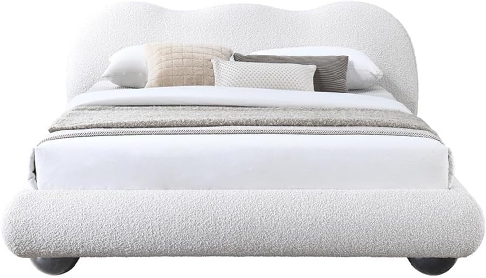 Meridian Furniture HydeCream-F Hyde Collection Modern | Contemporary Full Bed with Rich Cream Boucle Fabric, Both Natural and Black Finish Solid Wood Legs, 70.25' W x 85.5' D x 35.75' H, Cream, Full