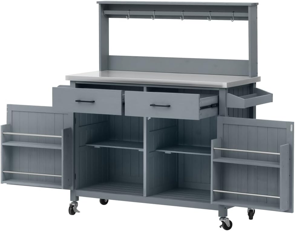 54.1' Outdoor Kitchen Island with High Shelf, Large Outdoor Garden Potting Bench Table with Stainless Steel Top and Storage Cabinet, Solid Wood Grill Cart With Lockable Wheels for BBQ (Grey Blue)