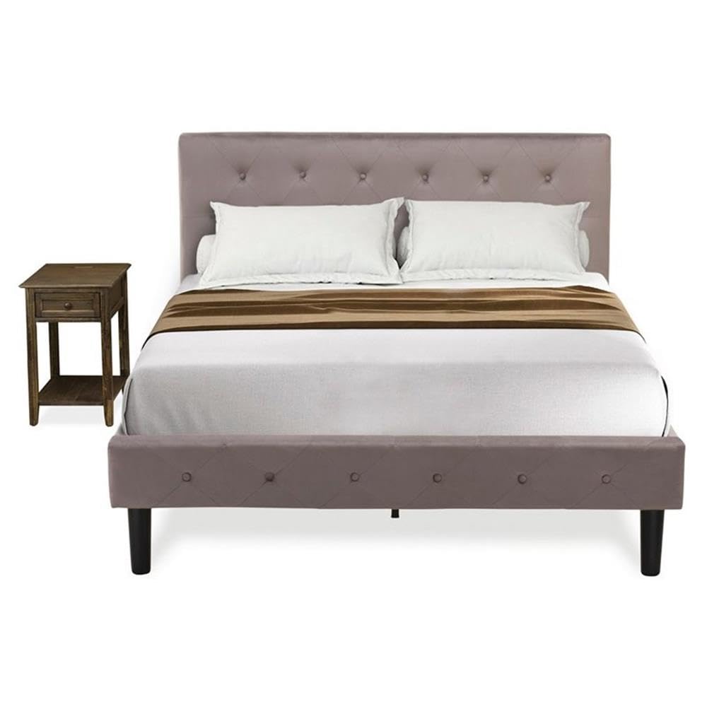 East West Furniture NL14F-1DE07 2 Piece Full Bed Set - Button Tufted Wood Bed Frame - Brown Taupe Velvet Fabric Upholstered Headboard and a Distressed Jacobean Finish Nightstand