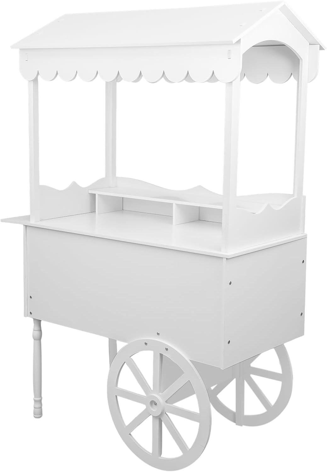 Large Country Market Wooden Rolling Table Cart, Antique Solid Wood Decor Display Rack Cart with Wheels, Rolling Table Carts for Display Various Flowers and Candy (White-1)