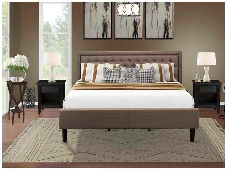 HomeStock Baroque Brilliance 3 Pc Wooden Bedroom Set 1 King Size Platform Bed Brown Linen Fabric Padded and Button Tufted Headboard 2 Night Stand with Wood Drawer Black Finish Legs