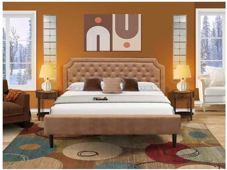 HomeStock Handmade Home 3 Piece Bedroom Set with Button Tufted King Size Bed and 2 Distressed Jacobean Small Nightstands Brown Faux Leather with Brown Texture and Black Legs