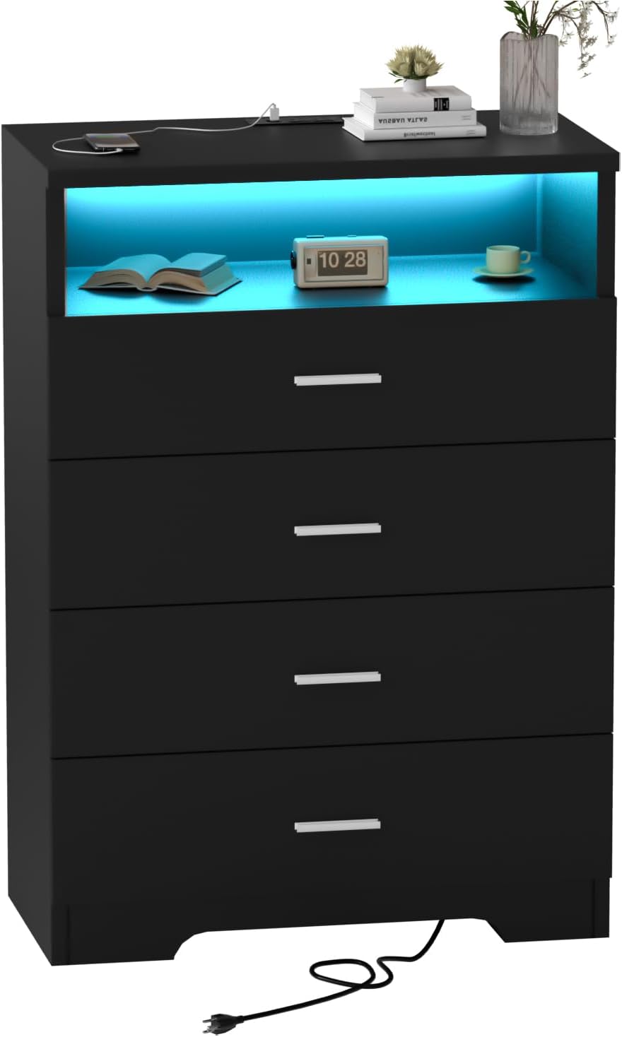FJTJBSI Dresser with Power Outlets and LED Lights Wooden 4 Drawer Dresser with Large Organizer Tall Black Drawer for Bedroom Modern Chest of Drawers Closet for Living Room Kids Room