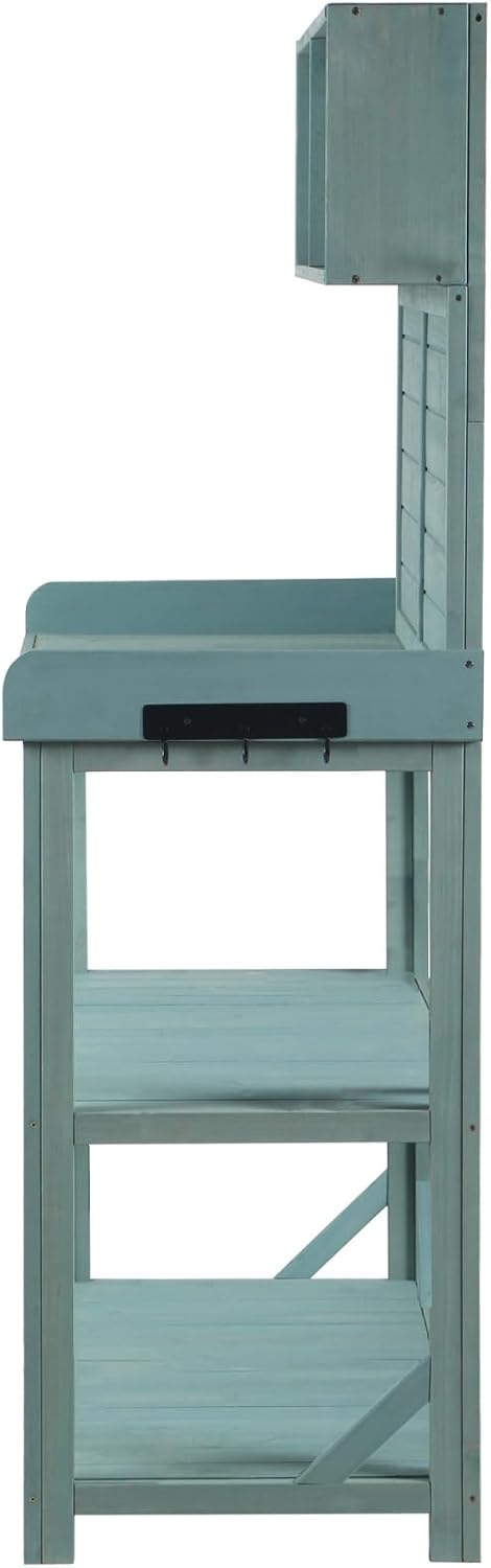 65' Large Wooden Farmhouse Rustic Outdoor Potting Bench Table, Patio Workstation, Garden Potting Bench with 4 Storage Shelves and Side Hook,Green