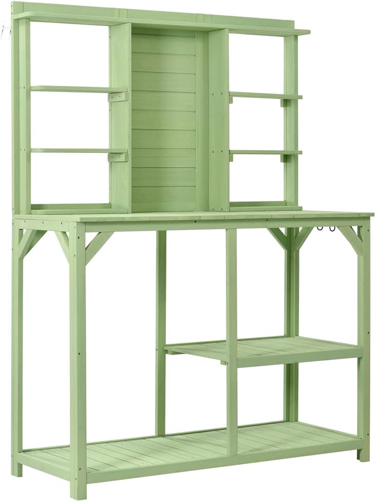 Garden Potting Bench Table with 4 Storage Shelves and Side Hook, 65' Large Wooden Farmhouse Rustic Outdoor Patio Workstation, Garden Potting Bench with Splash Plate (Green)