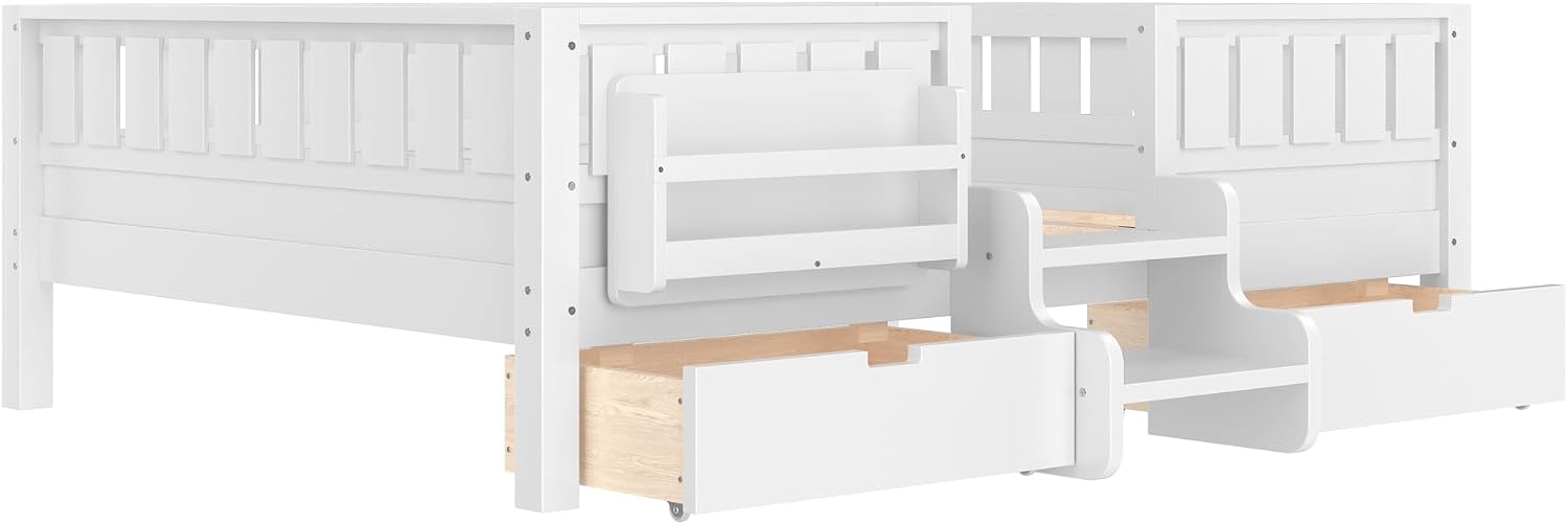 Bellemave Full Size Bed with Slats and Stairs, Full Size Platform Bed Frame with Fence, Bookshelf and Storage Drawers, Easy Assemble Beds for Kids, Girls, Boys, White