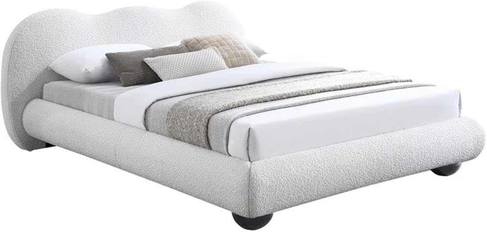 Meridian Furniture HydeCream-F Hyde Collection Modern | Contemporary Full Bed with Rich Cream Boucle Fabric, Both Natural and Black Finish Solid Wood Legs, 70.25' W x 85.5' D x 35.75' H, Cream, Full