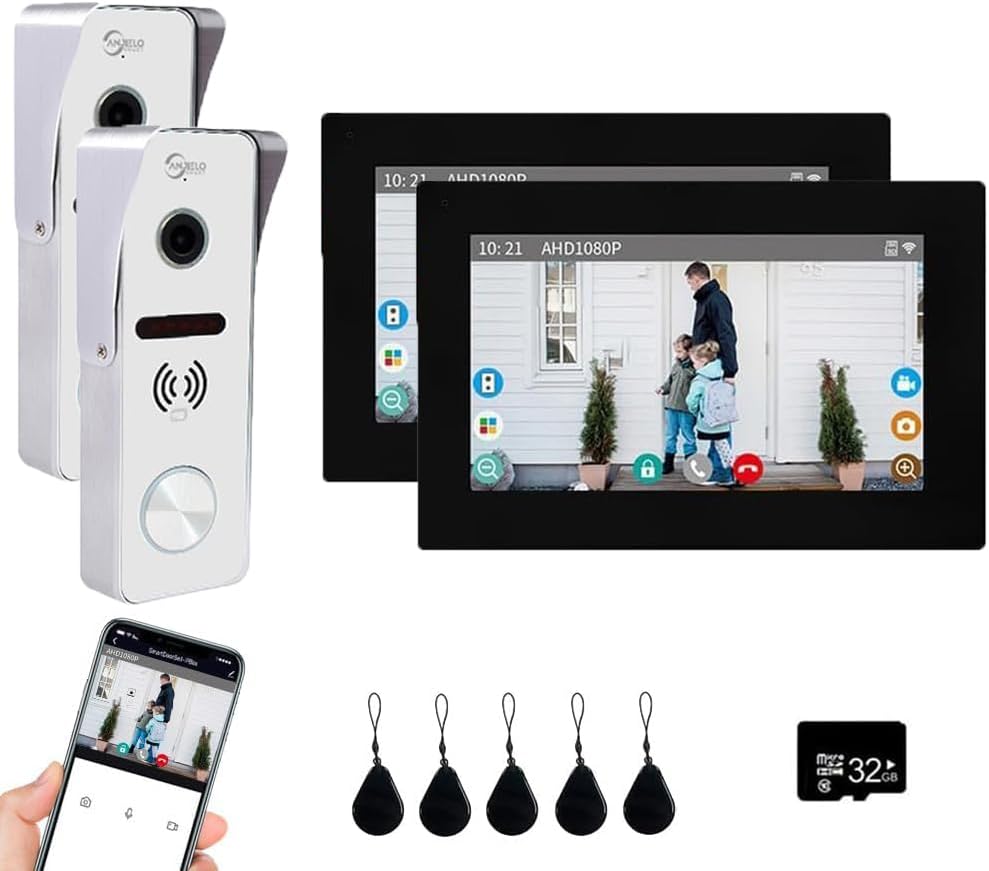 Wired Video Doorbell Apartment Intercom,7 inch Touch Screen Monitor 1080P Door Bell Camera TUYA Smart Home Door Phone Kits,3 in 1 Unlock RFID Card for Home Villa,32G (2 doorbell+2 Monitor)