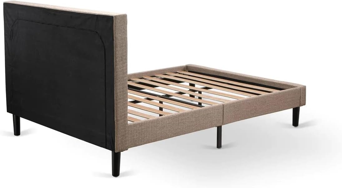 East West Furniture KDF-16-F Platform Full Size Bed - Dark Khaki Linen Fabric Upholstered Bed Headboard with Button Tufted Trim Design - Black Legs