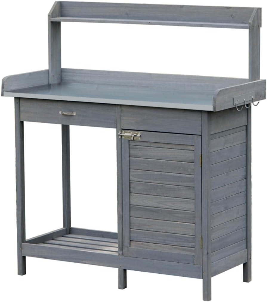 Garden Potting Bench Table with Lockable Storage Cabinet and Shelf, Outdoor Planting Workstation with Steel Tabletop