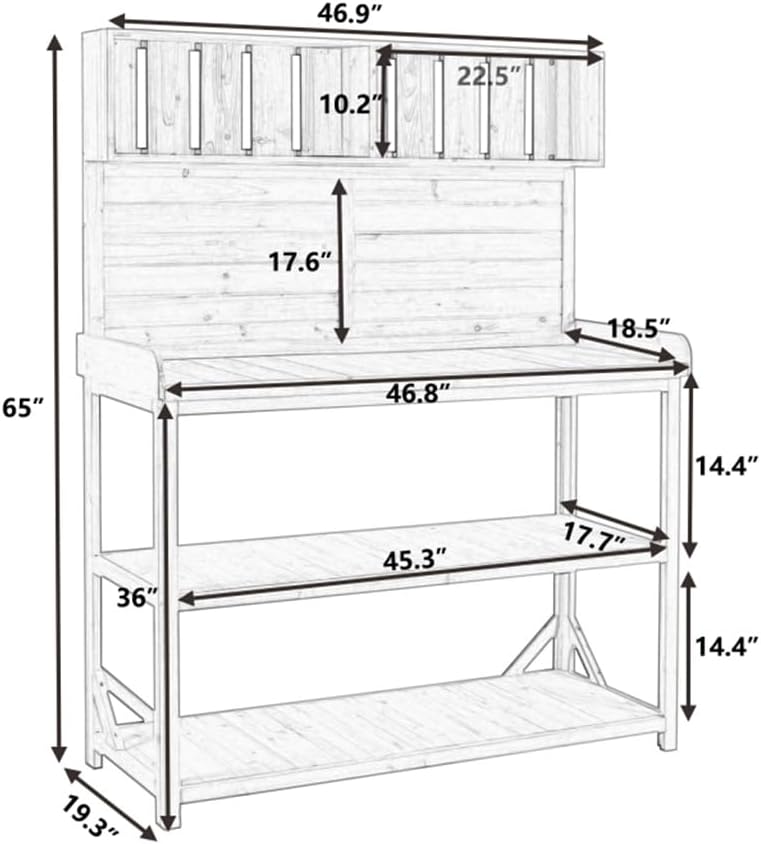 65' Large Wooden Farmhouse Rustic Outdoor Potting Bench Table, Patio Workstation, with Lockers, Tools
