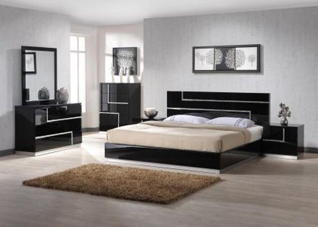Black Lacquer 3-Piece Modern Bedroom Set - California King Size | Chrome Finish Base, High Gloss Finish Wood Bed Set