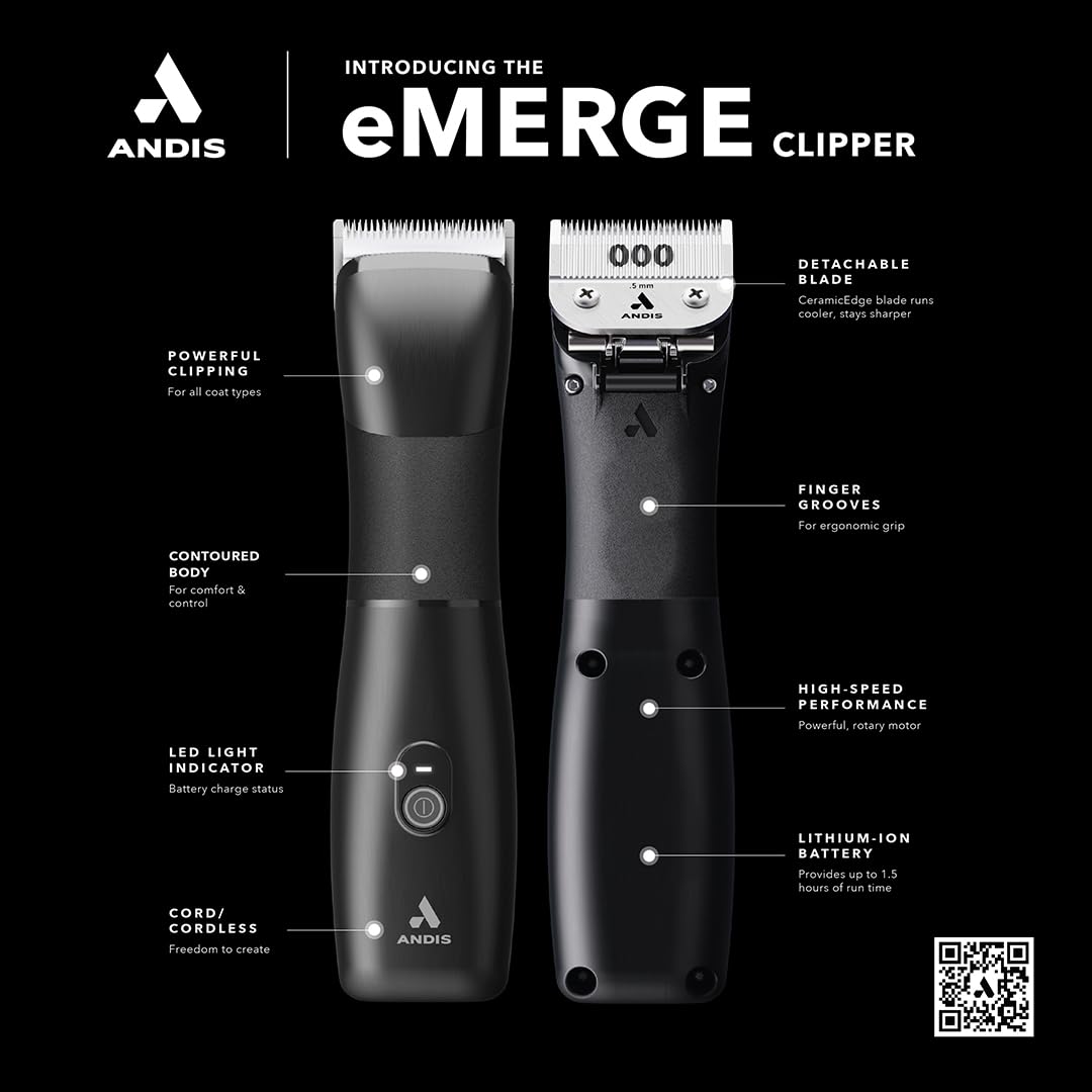Andis Emerge Corded/Cordless Professional Rechargeable Detachable Blade Hair Clipper, Lithium-Ion Powerful Battery, High Power Motor, Contoured Grip, 561340, Black