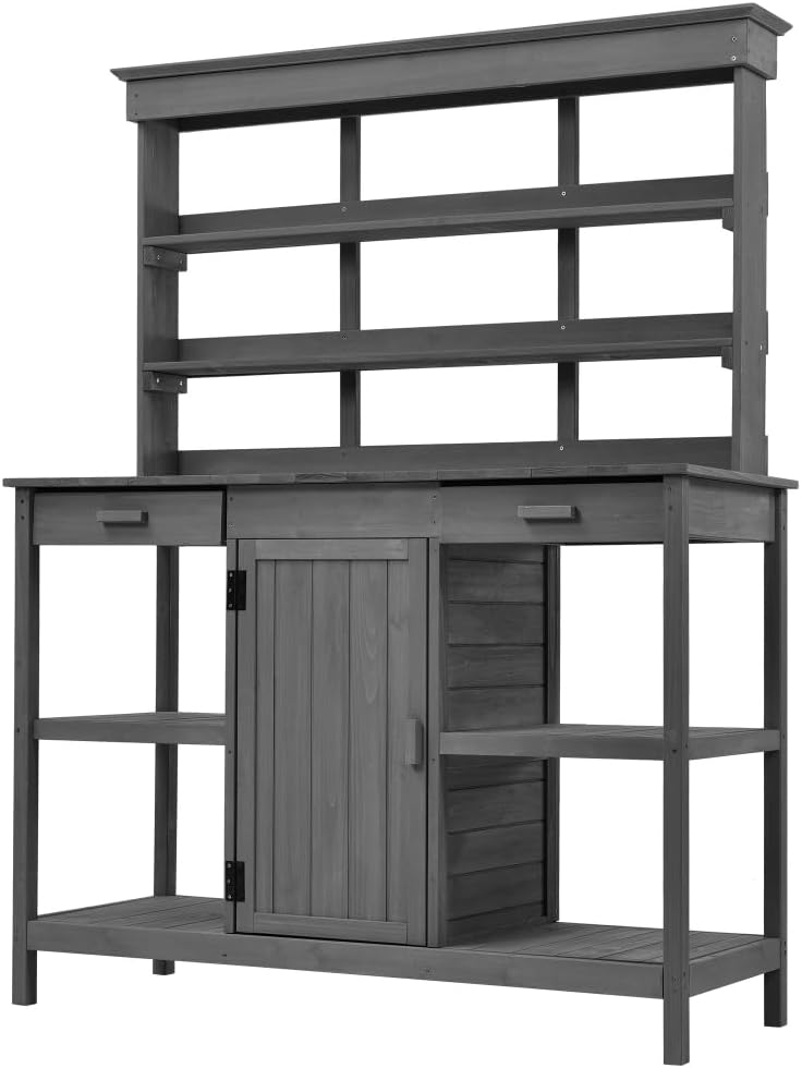 Sturdy Farmhouse-Style Wooden Potting Bench for Outdoor Gardening, Spacious Work Surface with Storage Shelves, Drawers and Cabinet (Gray + Solid Wood + Wood)