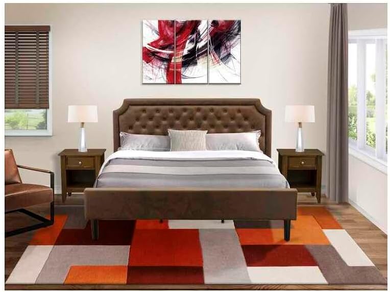 HomeStock Art Nouveau Allure 3 Piece Bedroom Set with Button Tufted King Size Bed and 2 Antique Walnut Mid Century Modern Nightstands Dark Brown Faux Leather with Black Texture and Black Legs