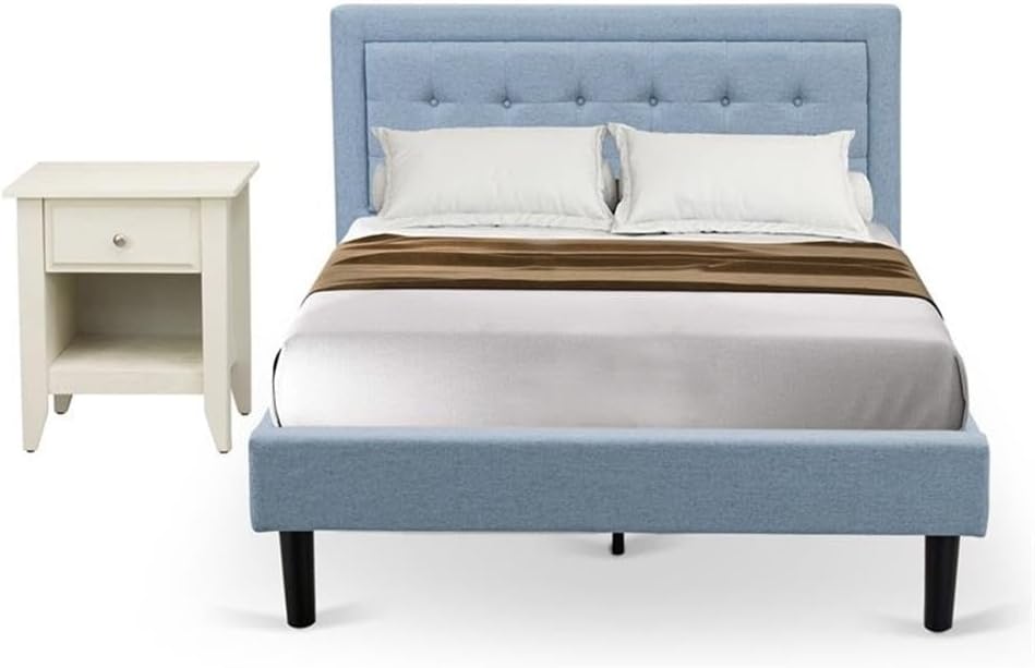 East West Furniture FN11F-1GA0C 2-Pc Platform Full Bedroom Set with 1 Full Bed Frame and a Night Stand - Reliable and Long Lasting Manufacturing - Denim Blue Linen Fabric